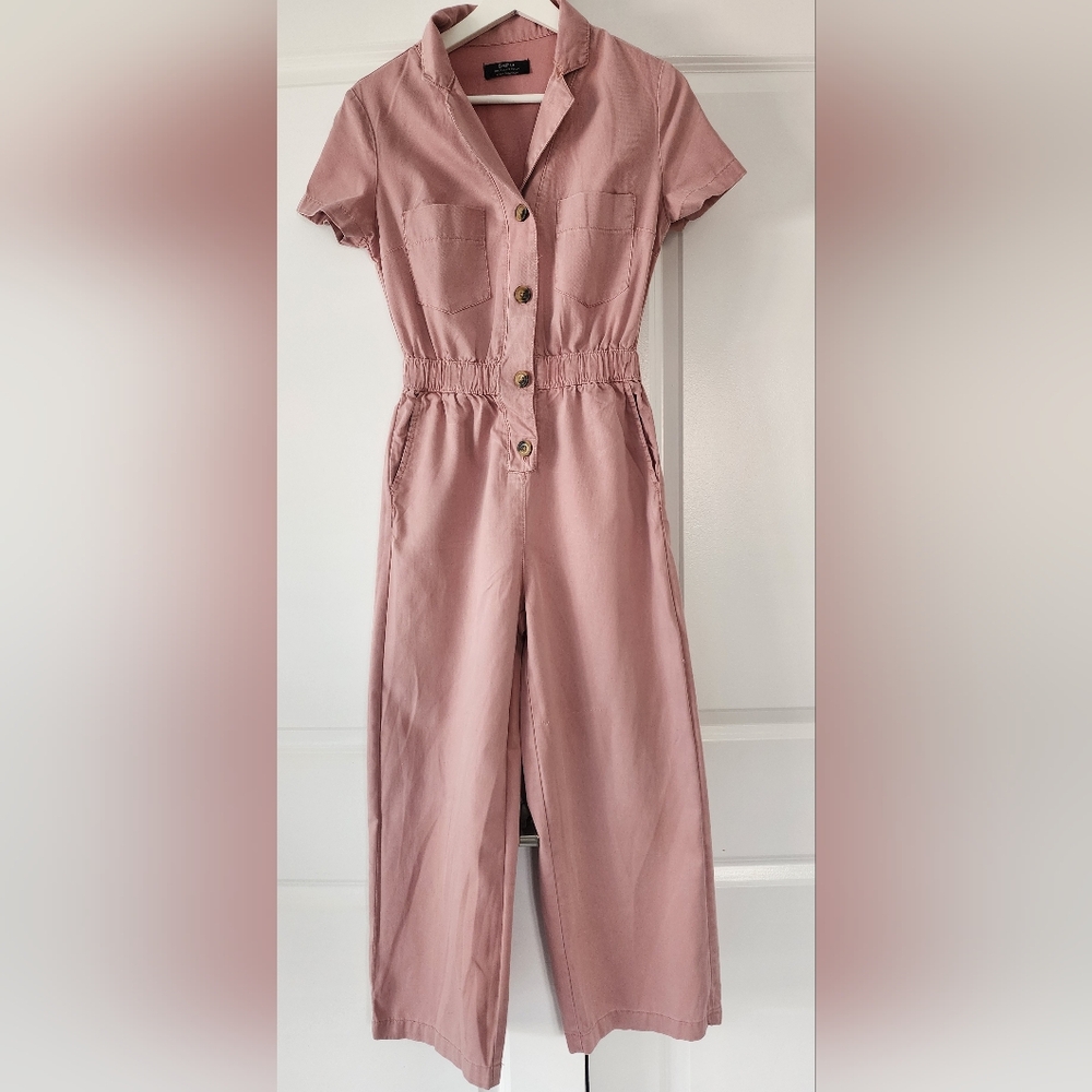 Vintage Bershka utility jumpsuit in dusty pink/mauve.